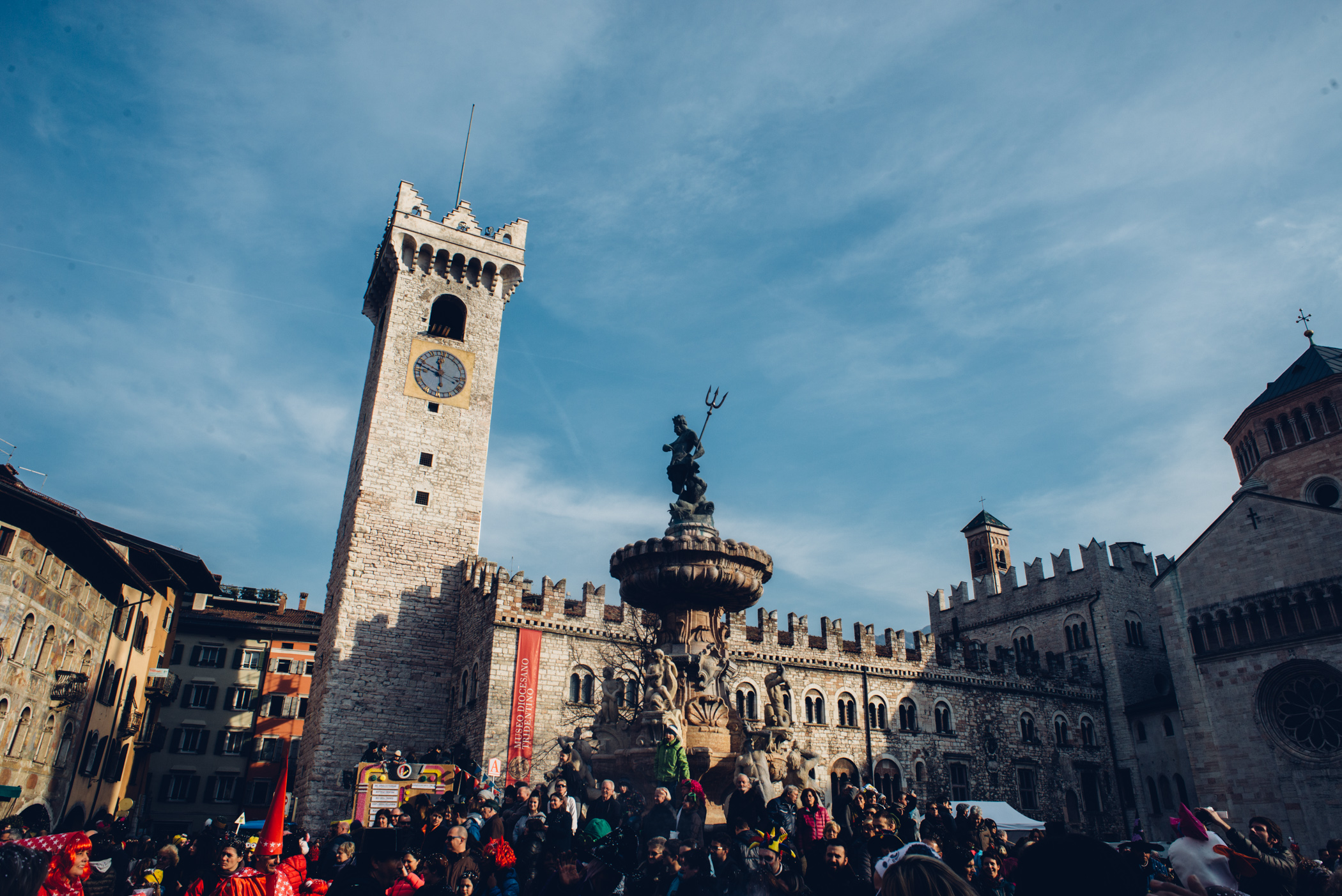 Piazza del Duomo in Trento, where we stumbled into a Carnevale parade.