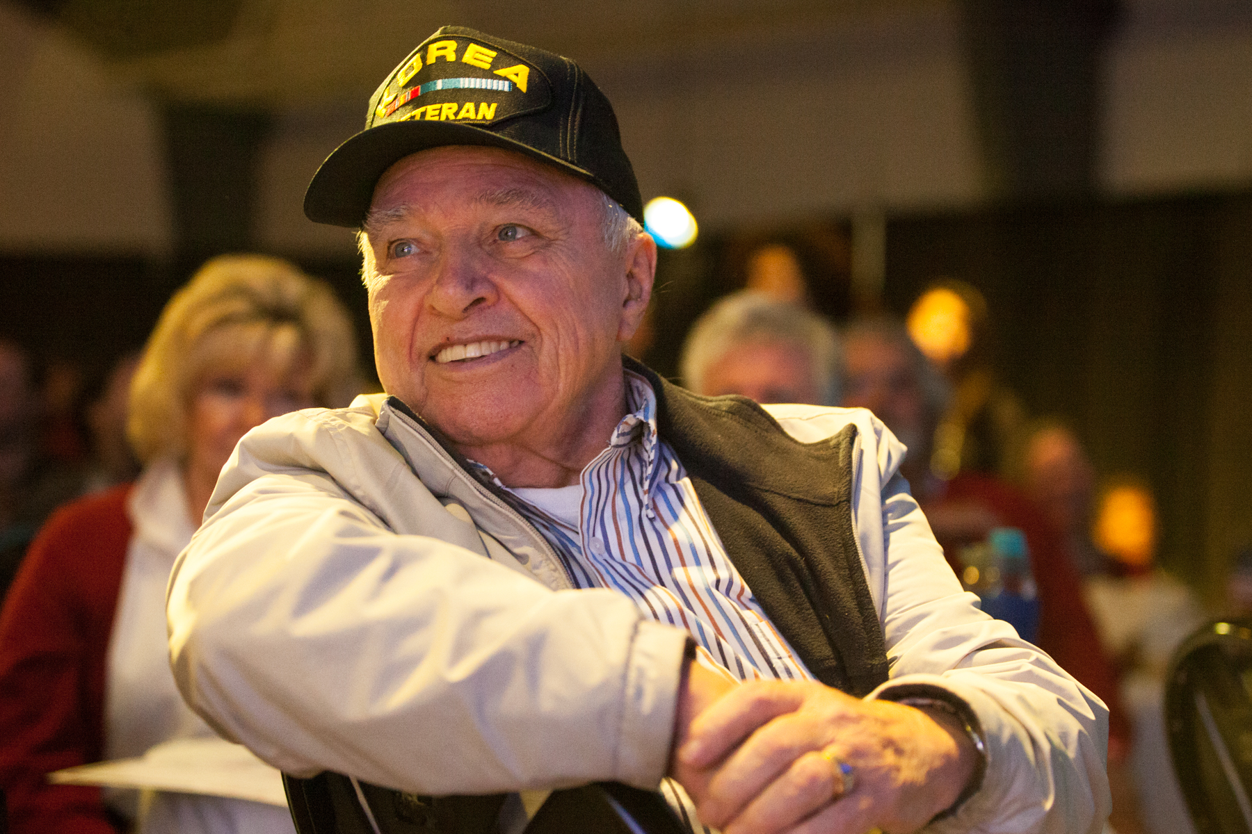 Braintree, MA – Nov. 8, 2016 – Martin Beatty, 82, of Weymouth, Massachusetts, reacts as United States presidential election results are reported on Fox News during the Massachusetts Trump-Pence Campaign victory party. Trump supporters gathered at the F1 Boston race track to cheer on their nominee as he was elected 45th president of the United States.